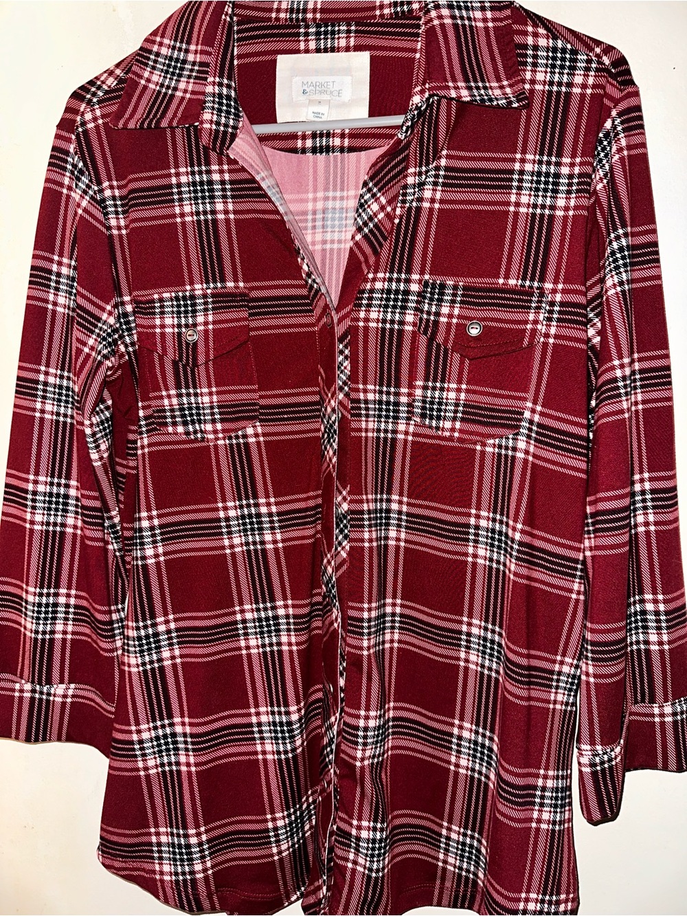 Market & Spruce Burgundy and White Plaid Button-Front Shirt